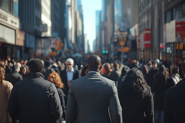 African American Man Amidst Anonymous City Crowd, Skyscrapers