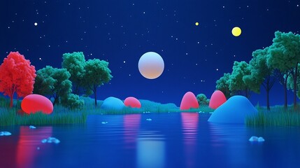 Obraz premium Moon Reflection on Calm Lake Under Night Sky - 3D Render