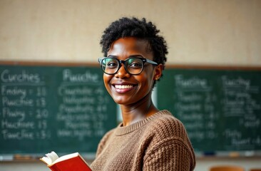young African American female teacher or student in casual sweater, smiling at camera at classroom in front of chalkboard, holding book. collage education, knowledge, occupation