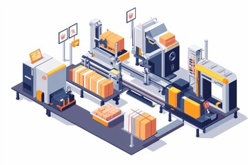 Fototapeta premium Automated packaging factory, boxes moving on conveyor belts.