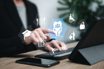 Employee benefits Compensation Strategy concept,Businesswomen benefits management employee develop long-term strategies,Indirect, healthcare, insurance, vacation, financial perks, workplace incentives