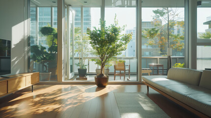 Fototapeta premium Creating a serene living room with neutral tones large windows and a potted plant for natural light