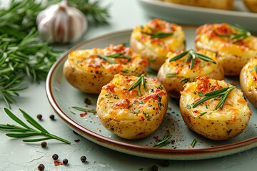 On a pale green backdrop a plate containing tasty baked potatoes seasoned with cheese, spices, and rosemary is seen from above and up close, Generative AI.