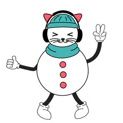 Snowman character with cat's face in beanie hat and scarf, headphones is chilling out