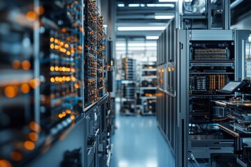 Fototapeta premium A modern, high-tech server room featuring racks of servers with glowing orange elements, highlighting advanced technology and secure data storage solutions.