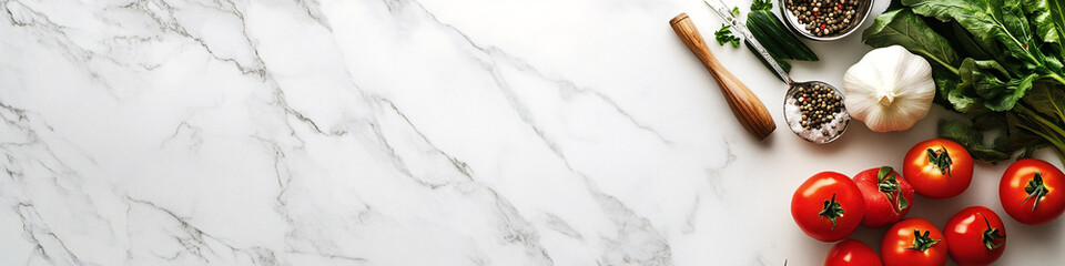 Vegetables on a clean kitchen marble counter top horizontal web header with copy space for text top down view of red and green vegetables banner