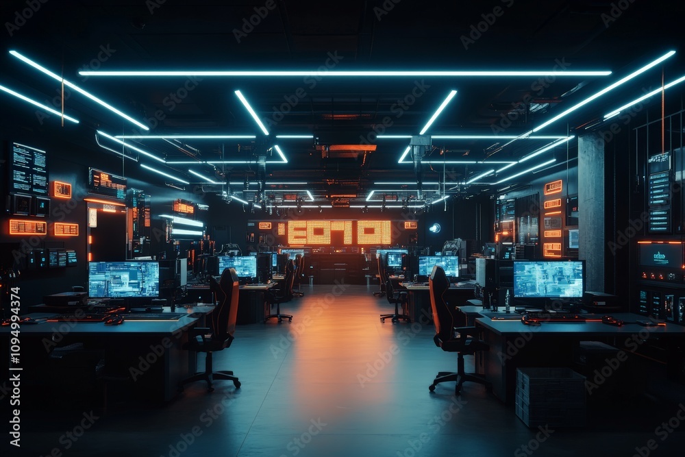 Poster a modern office illuminated by neon lights with multiple computers displaying digital interfaces, co
