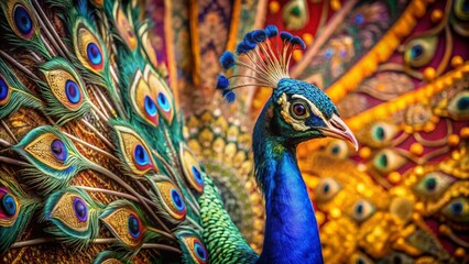 Fototapeta premium Exquisite Portrait Photography Featuring a Vibrant Peacock in a Beautifully Decorated Setting with Rich Textures and Colors for a Stunning Visual Experience