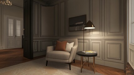 Elegant and Cozy Interior of a Modern Living Room with Soft Armchair, Stylish Table, and Warm Ambient Lighting in a Stunning Decorated Space