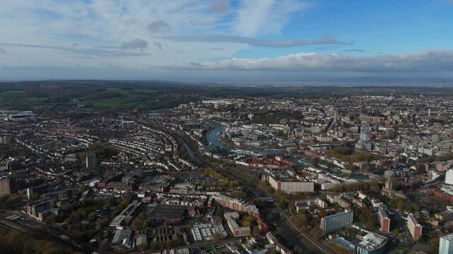 Drone View of Bristol, UK, Harbourside, City Centre, Clifton, and Clifton Suspension Bridge