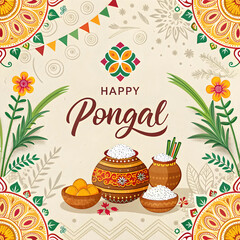 Naklejka premium A vibrant yellow background for Happy Pongal festival captures traditional elements like kolams