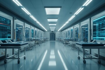 Obraz premium A high-tech laboratory filled with advanced computer screens is ready for cutting-edge research and experimentation in a pristine, futuristic environment.