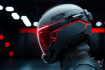 Fototapeta premium A sleek futuristic helmet with glowing red accents in a dark environment embodies modern technology and advanced protective gear design.