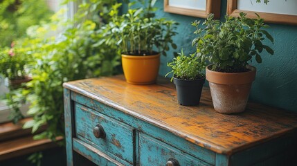 A rustic table adorned with potted herbs against a vibrant green backdrop.