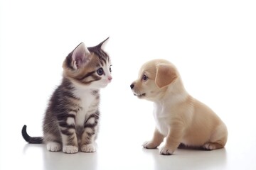 Obraz premium Cute Kitten and Puppy Together on White Background
