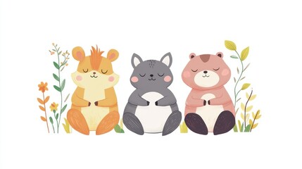 Naklejka premium Cute Animals Meditating in a Floral Setting