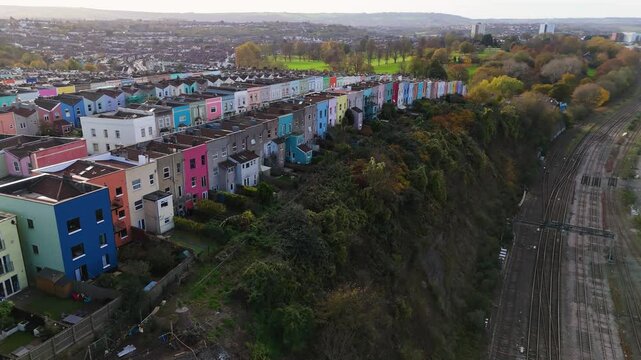 Colourful British Terraced Houses Glowing in Golden Autumn Light in Totterdown, Bristol, UK by rone