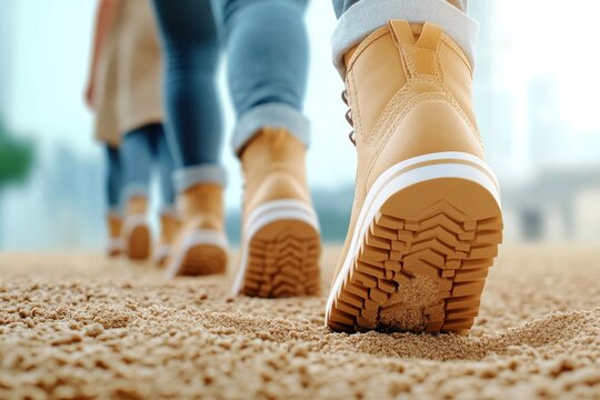  Un grupo de personas camina en fila por un camino de arena, mostrando de cerca las botas y sus huellas, simbolizando unidad y movimiento.
