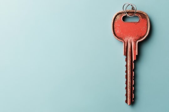 A single vintage rusty key displayed against a minimalist blue background suggests themes of mystery, history, and antiquity, while focusing on elegant simplicity.