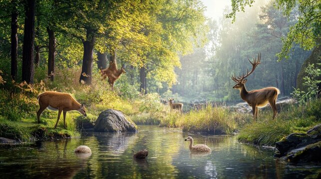 Fototapeta Wildlife peacefully coexisting in a forest, with animals from different species
