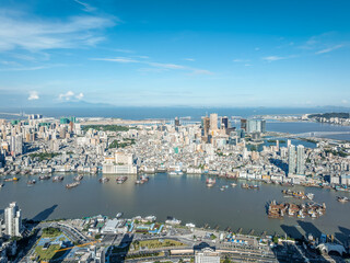 Modern city buildings with skyline and natural scenery in Macau