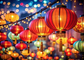 Festive Chinese New Year Lanterns Glowing Brightly Amidst a Colorful Night Sky, Capturing the Vibrant Spirit of Cultural Celebrations and Joyful Traditions in Stunning Detail