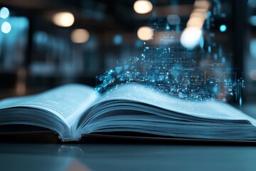 A mesmerizing image of an open book with a digital data stream emanating from its pages, illustrating the concept of knowledge and information merging with technology.