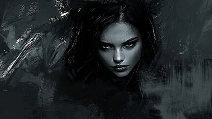 Dramatic digital portrait of a mysterious and alluring woman surrounded by dark abstract brushstrokes and dramatic light and shadow interplay creating a contemplative evocative