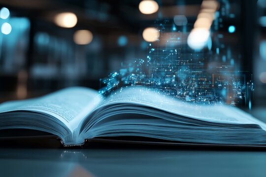 A mesmerizing image of an open book with a digital data stream emanating from its pages, illustrating the concept of knowledge and information merging with technology.