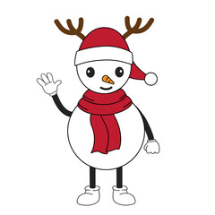 Snowman character in winter santa hat with deer antlers