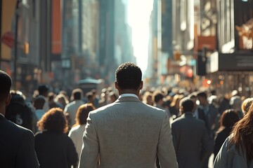 Fototapeta premium African American Man in Suit Walking, Urban Crowd Blurred Background