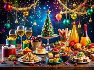 Festive New Year Feast: A Vibrant Spread of Gourmet Dishes, Sparkling Drinks, and Decorative Elements Celebrating the Joy of New Year's Eve Gatherings and Celebrations