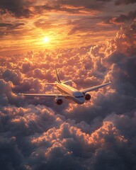 A jet plane flies through the clouds as the sun sets in the distance, casting a warm glow on the sky