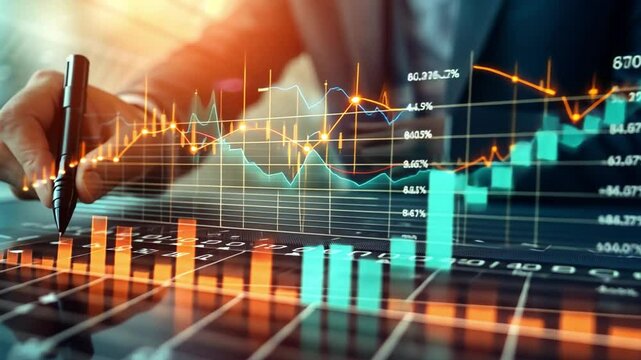 A person is engaged in detailed analysis of financial data, using digital analytics tools on a sleek desktop interface while in a professional office environment.