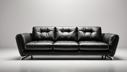 Black Leather Sofa in Front View on White Background