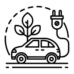Icon of an electric car with leaves and a plug, symbolizing eco-friendly transportation and green technology