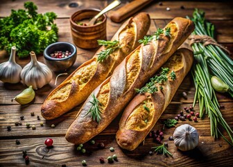 Fresh and Crispy Kse Baguettes on a Rustic Wooden Table Surrounded by Fresh Herbs and Ingredients, Perfect for Culinary Photography and Food Blogging