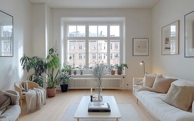 Bright living room with beige sofa, plants, and large window.