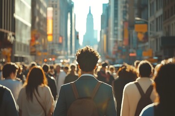 Fototapeta premium African American Man Urban Commute Bright Sunlight, Brown Backpack