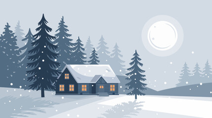 Naklejka premium A snow-covered cabin nestled among tall pine trees, with a clear night sky illuminated by a bright full moon