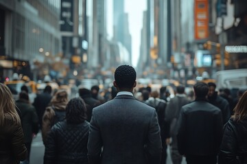 African American Man Walking in Busy City Skyscrapers