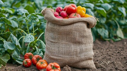 Freshly Harvested Vegetables in a Burlap Sack in a Garden