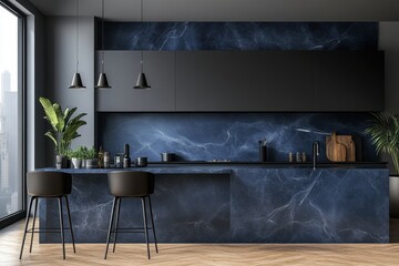 Modern kitchen featuring dark cabinetry and marble accents with urban views.