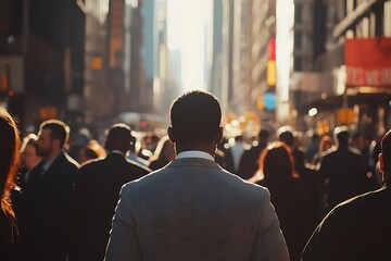 Fototapeta premium African American Man Walking Sunlit City Street Urban Anonymity