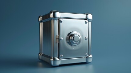 Chrome safe with a large round dial on a blue background.