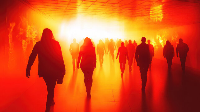 People walking in bright, fiery environment during emergency drill