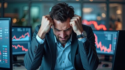 Financial analyst shows frustration during a market crash at the office late in the trading day