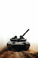 Military tank moving, kicking up dust.