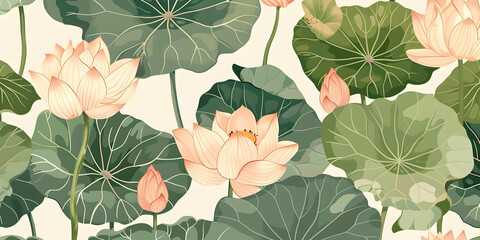 Fototapeta premium A serene floral pattern featuring lotus flowers and leaves in soft colors.