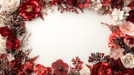 A luxurious floral frame with a mix of deep red roses and gold leaf accents framing a clear center.